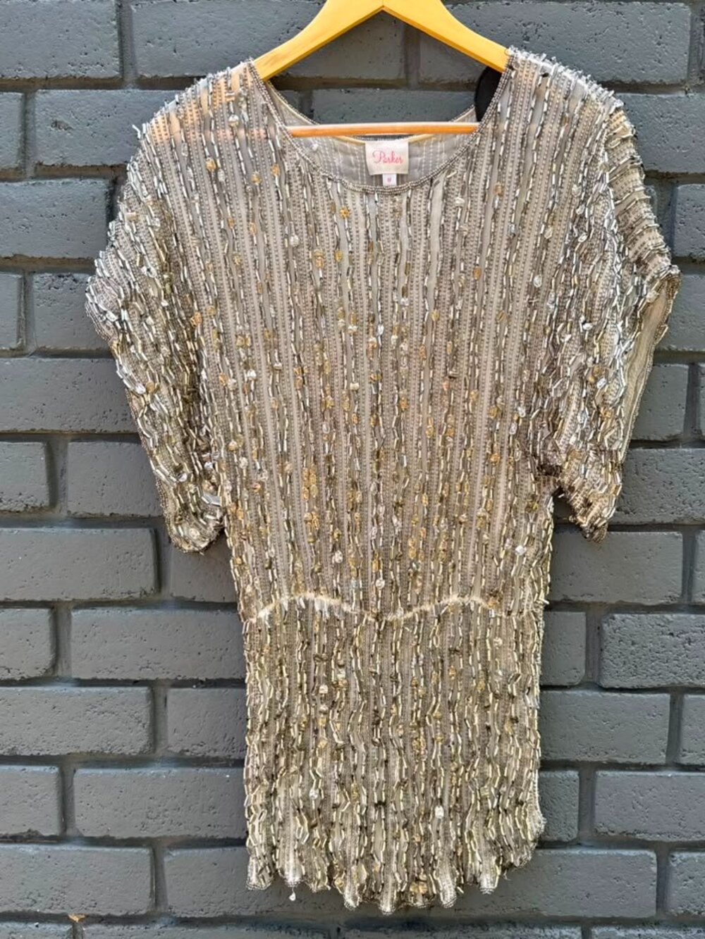 Parker Silk Sequin Silver Metallic Beaded Mini Dress Cocktail Party Evening Disc